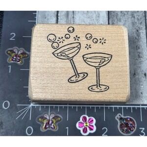 Endless Designs Champagne Glasses Bubbly Celebrate Rubber Stamp Wood #N99